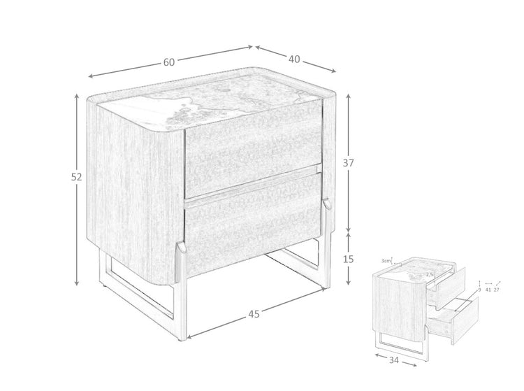 Comodino in noce e acciaio scuro metallizzato con piano in marmo porcellanato