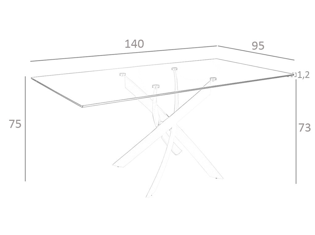 Tavolo da pranzo rettangolare 140x95x75 cm in acciaio cromato curvato e vetro temperato