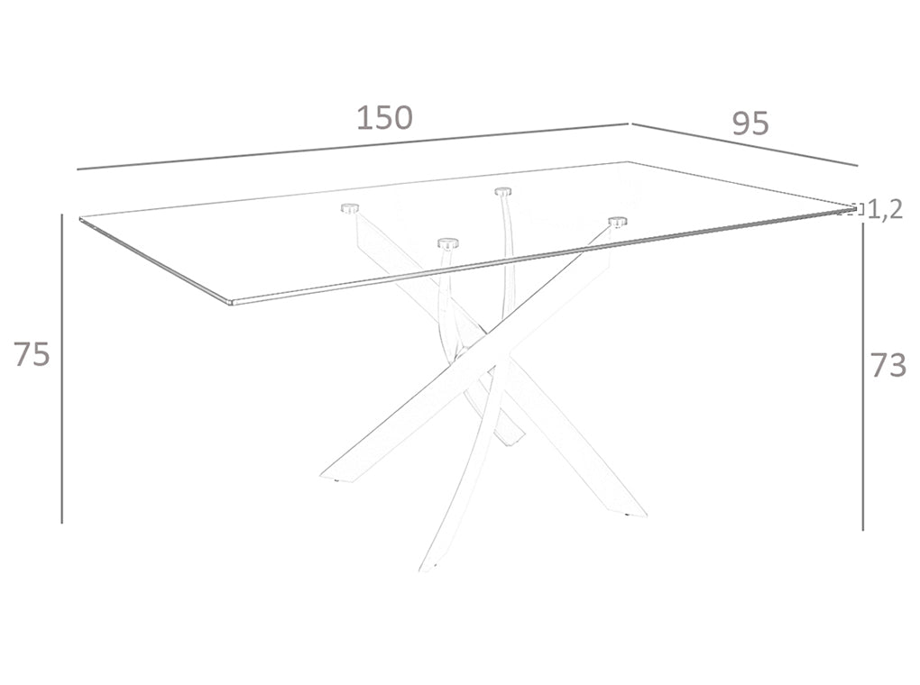 Tavolo da pranzo rettangolare 150x95x75 cm in acciaio cromato curvato e vetro temperato