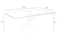 Tavolo da pranzo rettangolare 150x95x75 cm in acciaio cromato curvato e vetro temperato