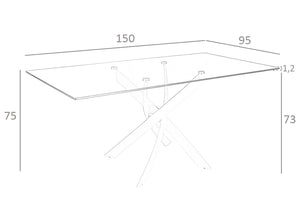 Tavolo da pranzo rettangolare 150x95x75 cm in acciaio cromato curvato e vetro temperato