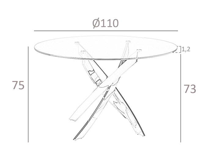 Tavolo da pranzo rotondo diametro 110x75 cm in acciaio cromato curvato e vetro temperato