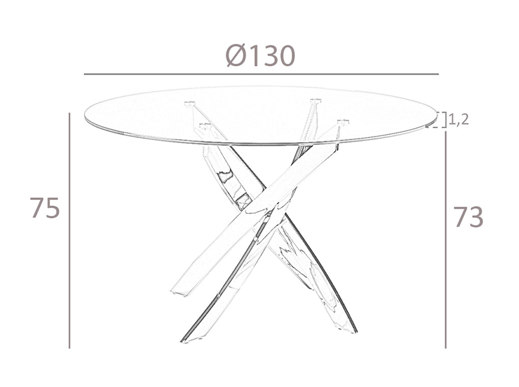 Tavolo da pranzo rotondo diametro 130 x 75 cm in acciaio cromato curvato e vetro temperato