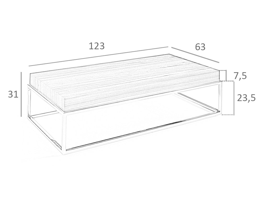 Tavolino 123x63x31 cm in legno di noce e acciaio cromato