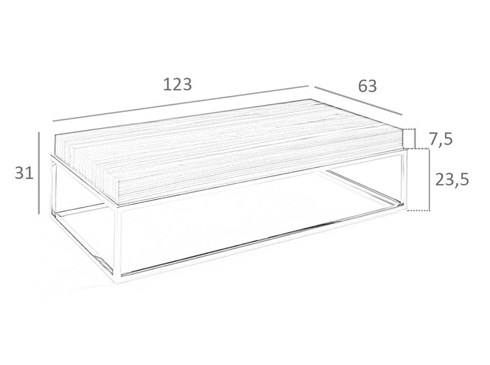 Tavolino 123x63x31 cm in legno di noce e acciaio cromato