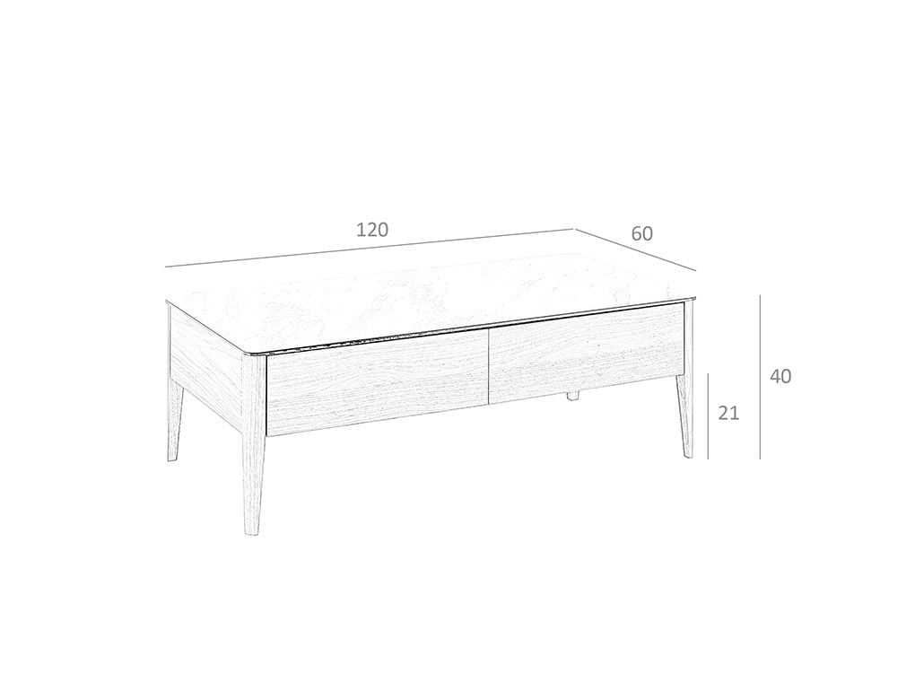 Tavolino 120x60x40 cm in porcellana e legno di noce con cassetti