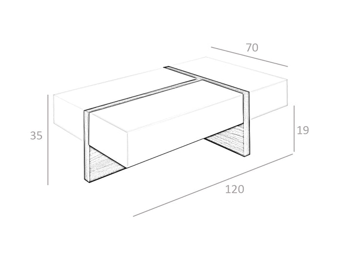 Tavolino 120x70x35 cm in legno bianco con cassetti e legno di noce