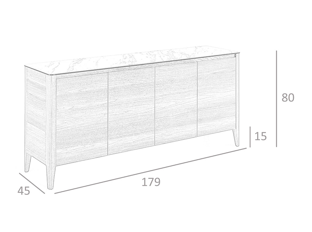 Credenza 179x45x80 cm in legno di noce e piano in porcellana