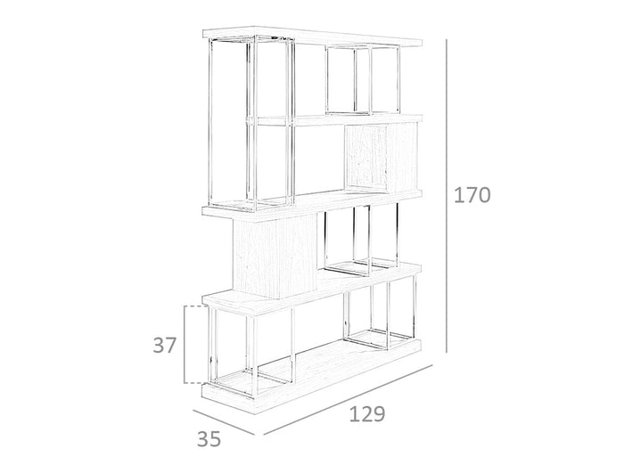 Libreria 129x35x170 cm in legno di noce e acciaio cromato