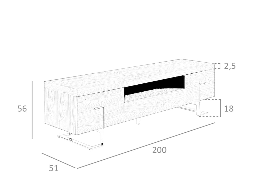 Porta TV 200x51x56 cm in legno di noce e acciaio cromato