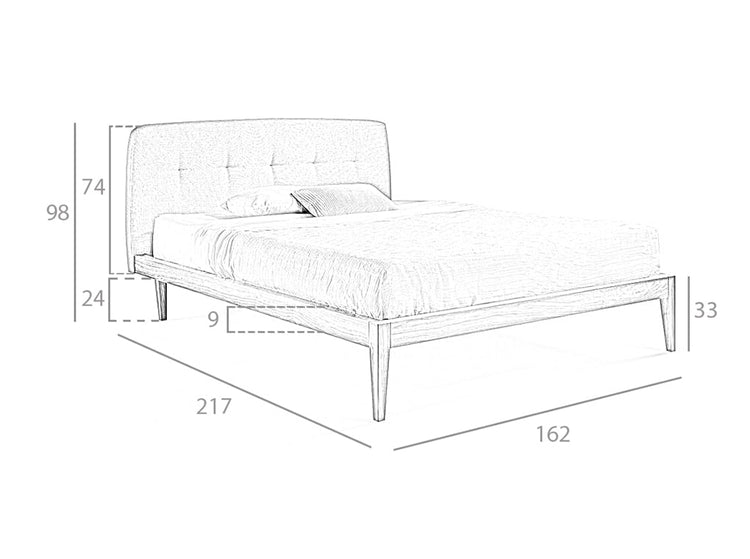 Letto imbottito in tessuto con struttura in legno di noce