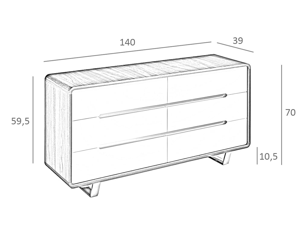 Comò 140x39x70 cm in legno di noce con cassetti bianchi e acciaio cromato