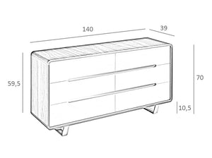 Comò 140x39x70 cm in legno di noce con cassetti bianchi e acciaio cromato