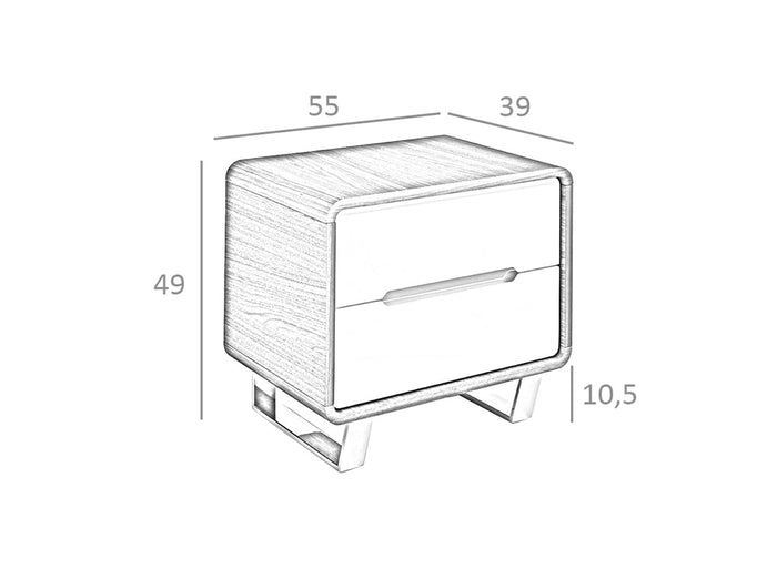 Comodino in legno di noce con cassetti bianchi e acciaio cromato