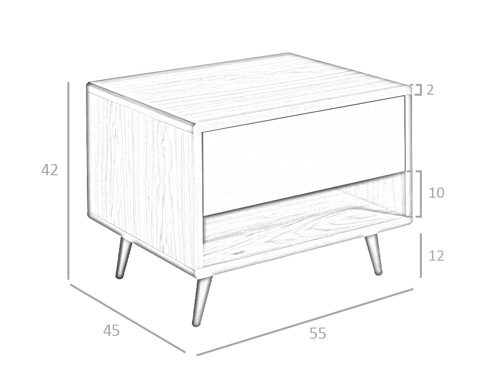 Comodino in legno di noce con cassetto in MDF laccato opaco.