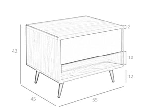 Comodino in legno di noce con cassetto in MDF laccato opaco.