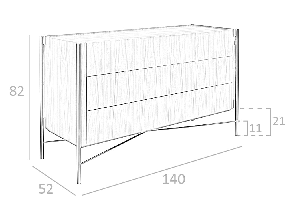 Cassettiera 140x52x82 cm in legno di noce e acciaio