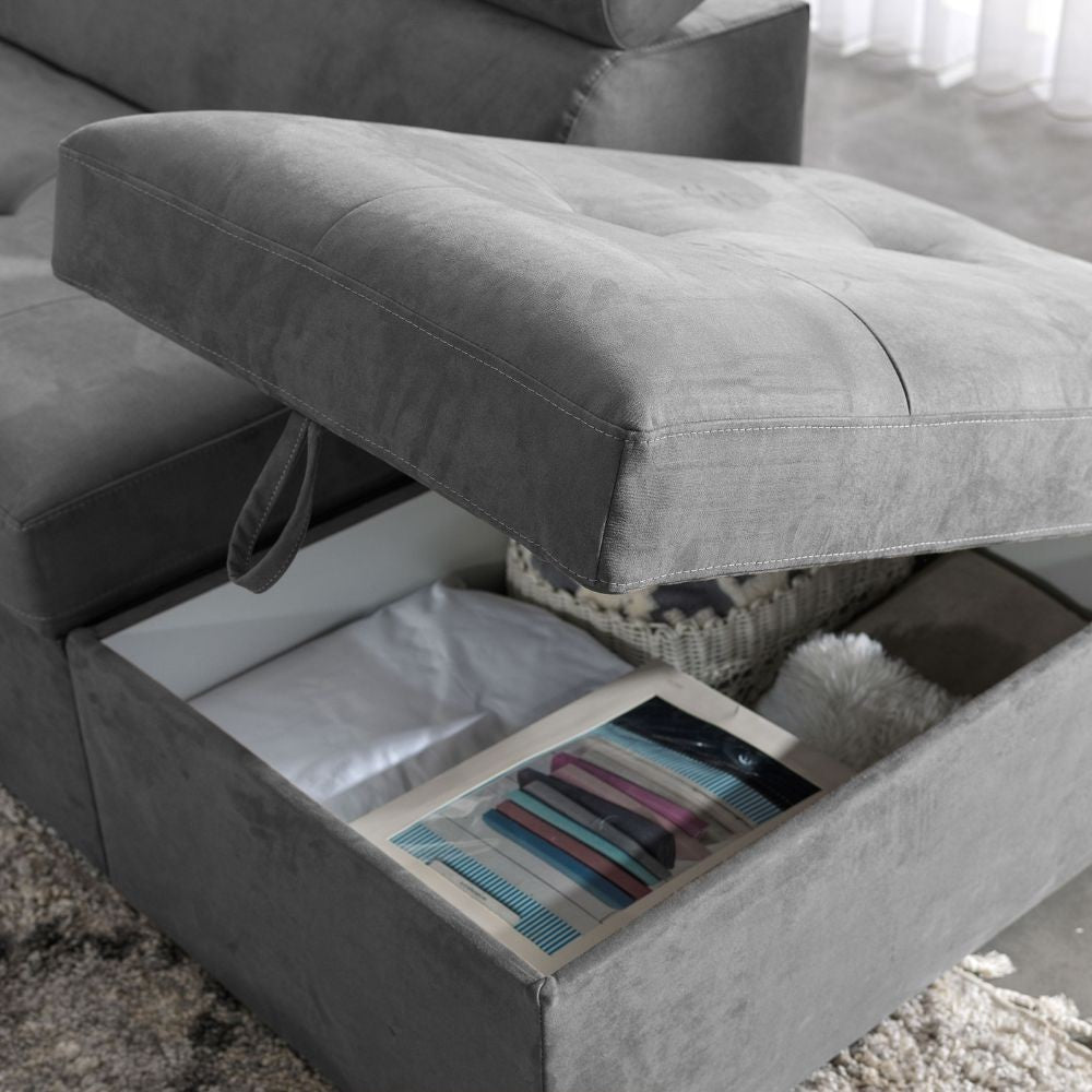 Divano angolare destro Belen in tessuto Portland 90 grigio con pouff contenitore