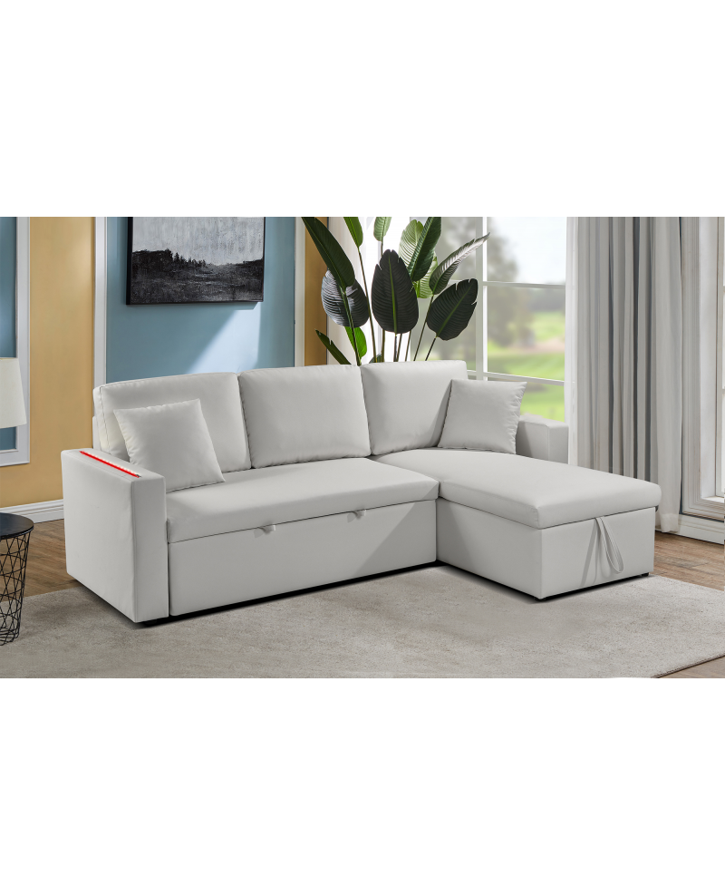 Divano letto contenitore, reversibile angolare, led, ecopelle bianco chaise longue Sicorage Tuky