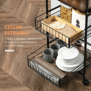 Carrello da Cucina 40x38x111 cm 2 Cestelli e 2 Ripiani in Legno Noce