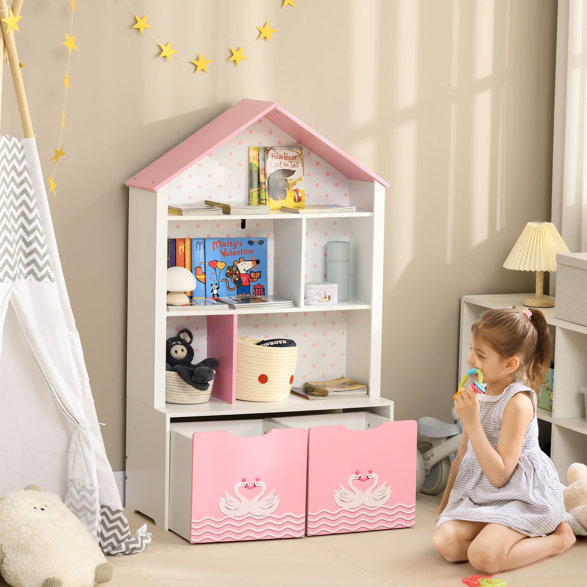 Scaffale Portagiochi per Bambini 78,5x34x127,5 cm con Ripiani Aperti e Cassetti Rosa