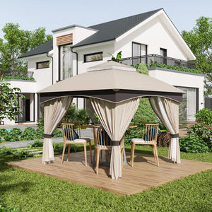 Gazebo da Giardino 3x3m con Tende e Zanzariere in Acciaio Beige e Grigio