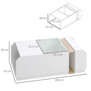 Tavolino da Salotto con Ripiani e Scomparti Nascosti 100x55x36 cm in Legno e Vetro Bianco