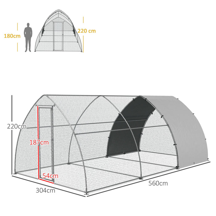 Recinto per Galline per 14-18 Animali con Porta Bloccabile 3x5,6x2,2 m in Acciaio Argento