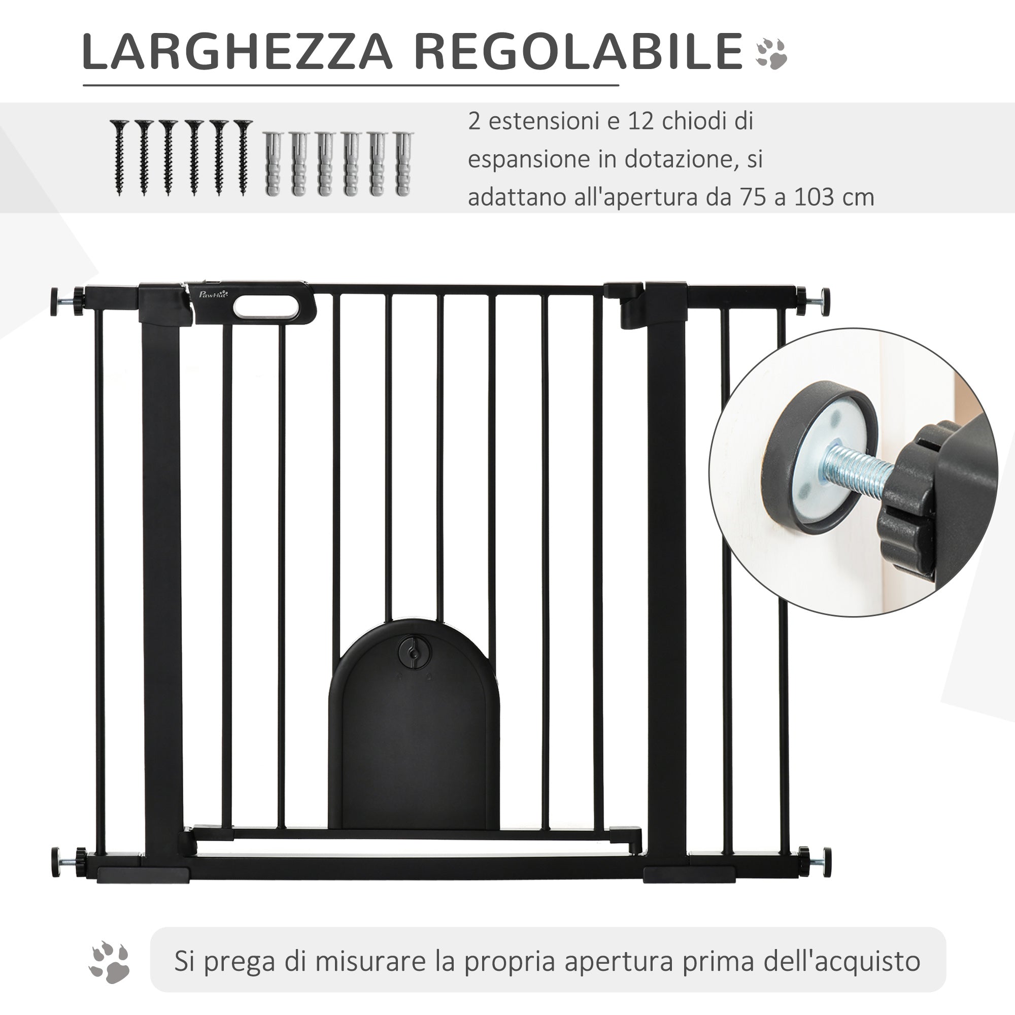 Cancelletto di Sicurezza per Cani con Porta Piccola Regolabile e Chiusura Automatica 75-103x76 cm Nero