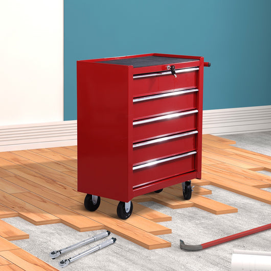 Easycomfort Carrello Porta Utensili con 5 Cassetti, Serratura, 2 Chiavi e Manubrio Parete Smontabile 2 Ruote con Freno in Lamiera d'Acciaio EVA Rosso 67,5x33x77cm