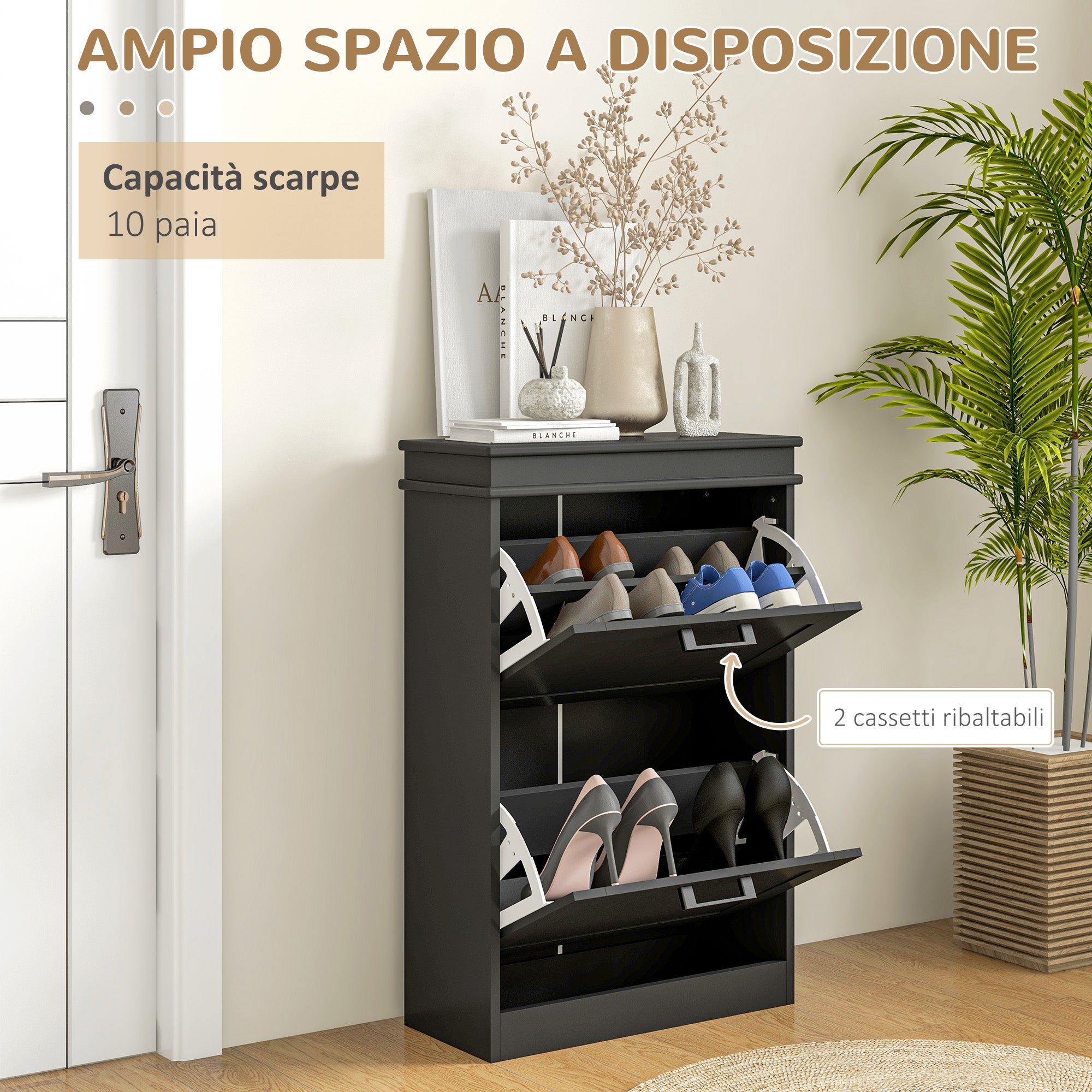 Scarpiera Salvaspazio Design Moderno 2 Cassetti Ribaltabili 54x24x82,5 cm Nero