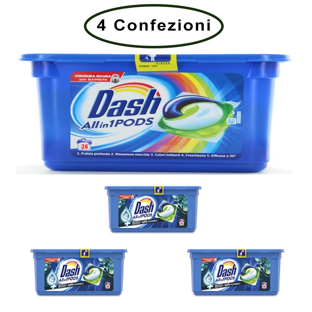 Dash allin1 pods detersivo per lavatrice in monodosi unstoppables 4 confezioni da 26 capsule