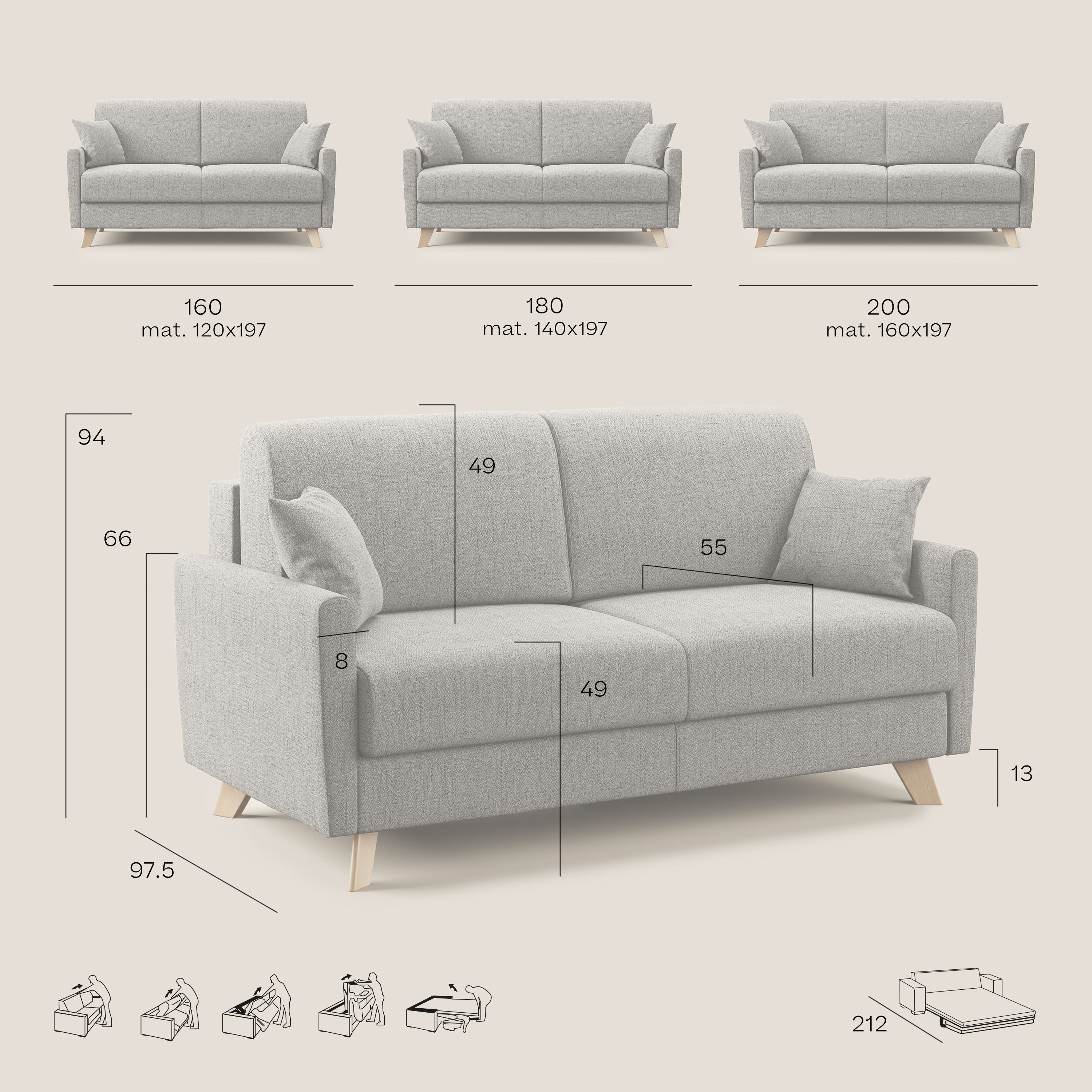 Divano Letto 3 Posti 180x94x97 cm in Tessuto Marrone