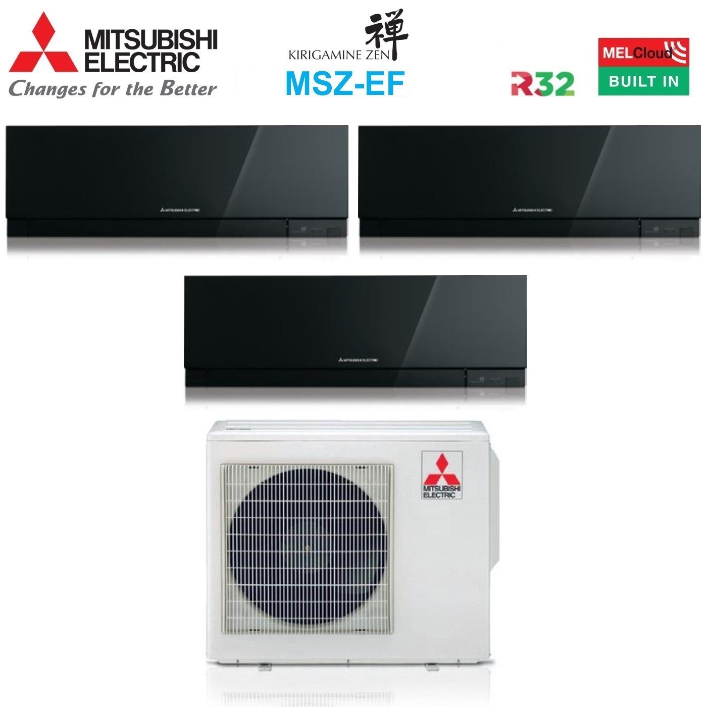 Climatizzatore Condizionatore Mitsubishi Electric Trial Split Inverter serie KIRIGAMINE ZEN BLACK MSZ-EF 12+12+12 con MXZ-3F68VF R-32 Wi-Fi Integrato Colore Nero 12000+12000+12000