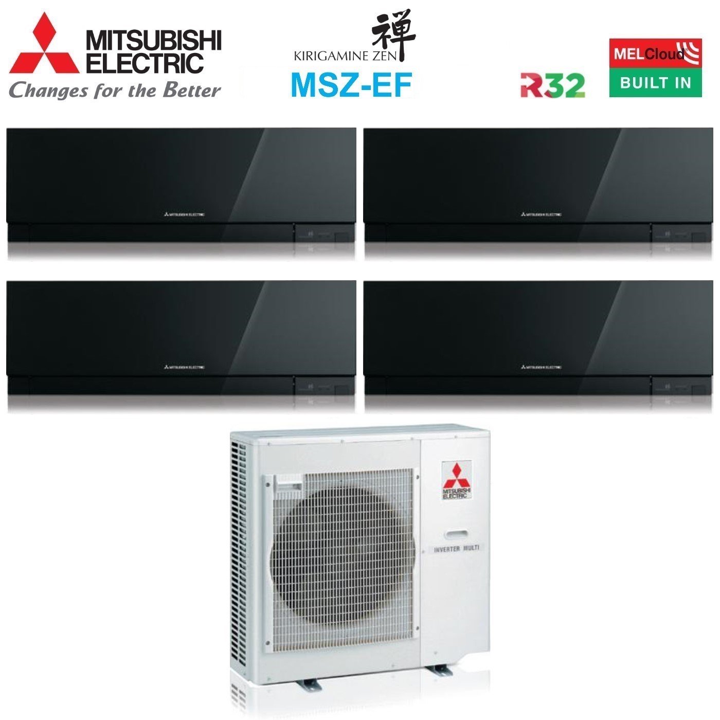 Climatizzatore Condizionatore Mitsubishi Electric Quadri Split Inverter serie KIRIGAMINE ZEN BLACK MSZ-EF 7+12+12+12 con MXZ-4F80VF R-32 Wi-Fi Integrato Colore Nero 7000+12000+12000+12000