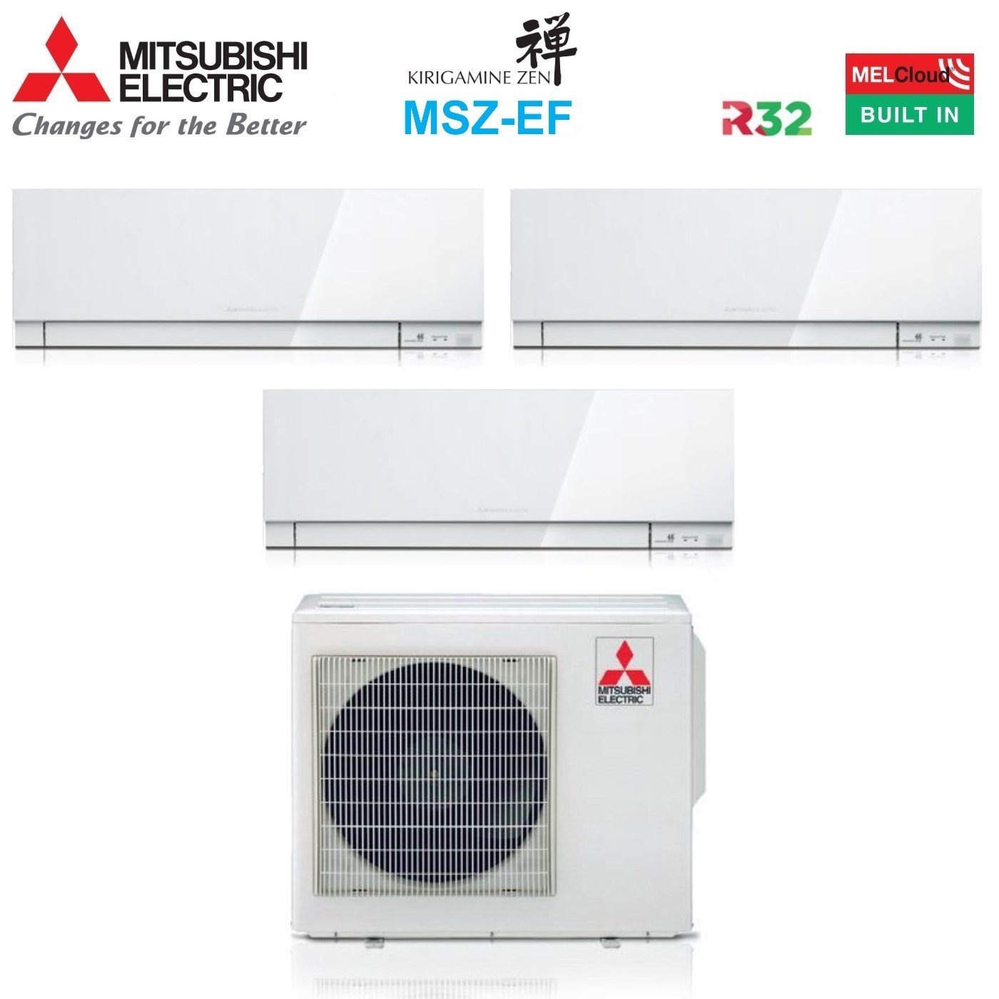 Climatizzatore Condizionatore Mitsubishi Electric Trial Split Inverter serie KIRIGAMINE ZEN WHITE MSZ-EF 12+12+15 con MXZ-3F68VF R-32 Wi-Fi Integrato Colore Bianco 12000+12000+15000