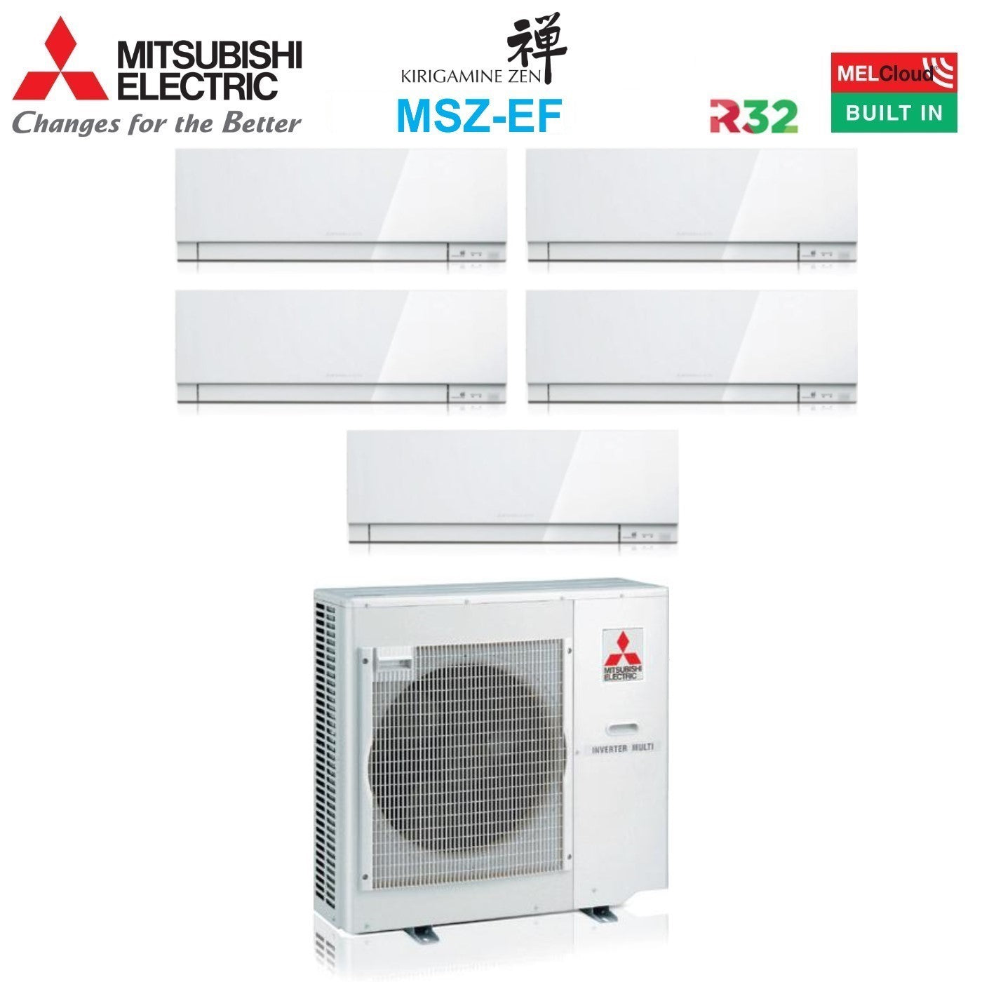 Climatizzatore Condizionatore Mitsubishi Electric Penta Split Inverter serie KIRIGAMINE ZEN WHITE MSZ-EF 7+12+12+12+12 con MXZ-5F102VF R-32 Wi-Fi Integrato Colore Bianco 7000+12000+12000+12000+12000