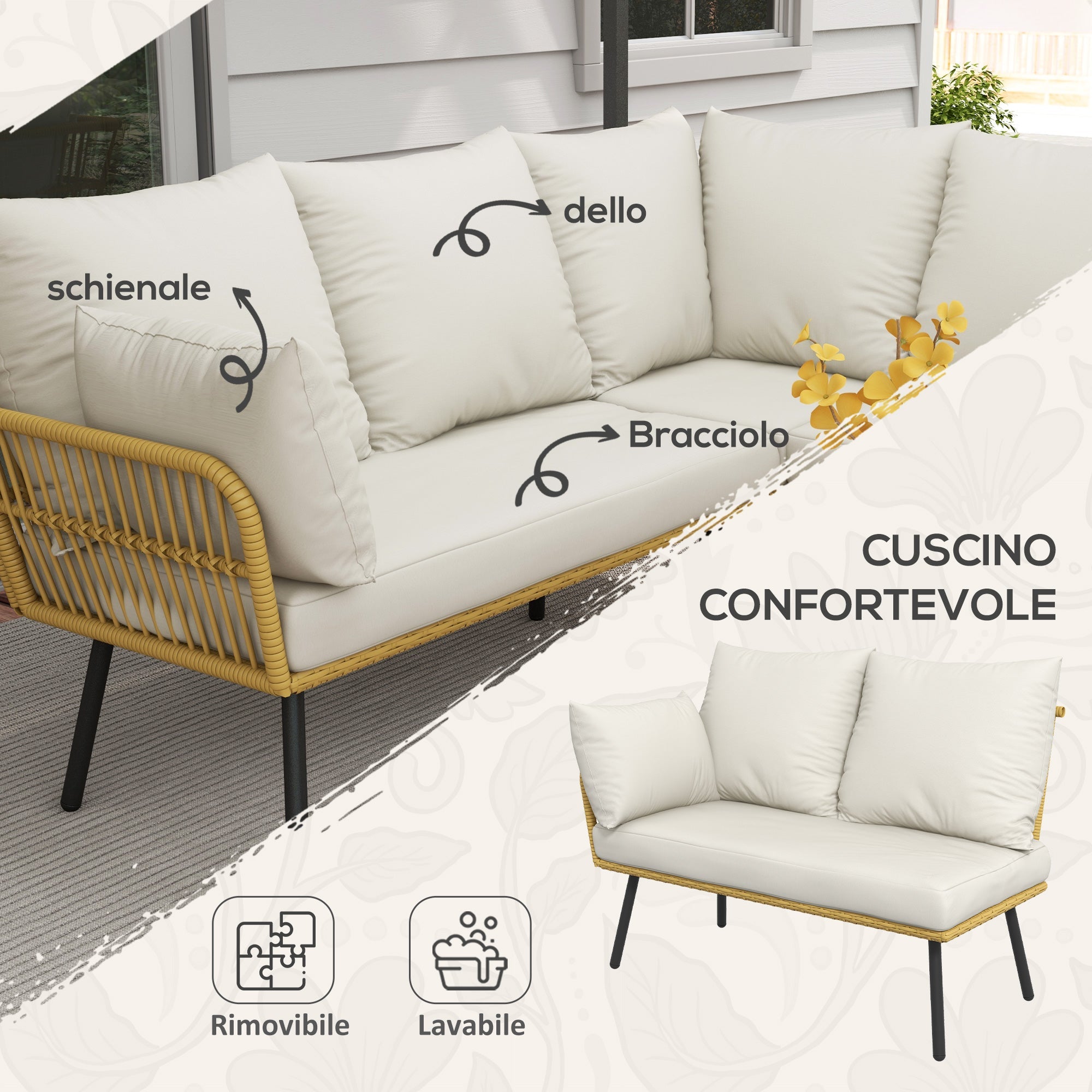 Set Salotto da Giardino Divano Angolare e Tavolino in Rattan e Poliestere Bianco Crema