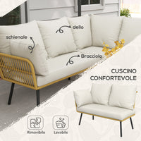 Set Salotto da Giardino Divano Angolare e Tavolino in Rattan e Poliestere Bianco Crema