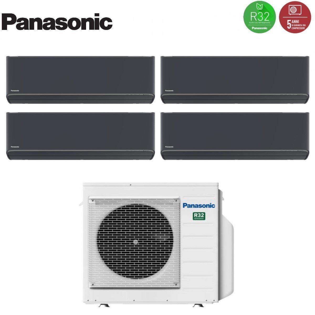 Climatizzatore Condizionatore Panasonic Quadri Split Inverter Serie Etherea Dark 7+7+12+12 con CU-4Z68TBE R-32 Wi-Fi Integrato Colore Grigio Grafite 7000+7000+12000+12000