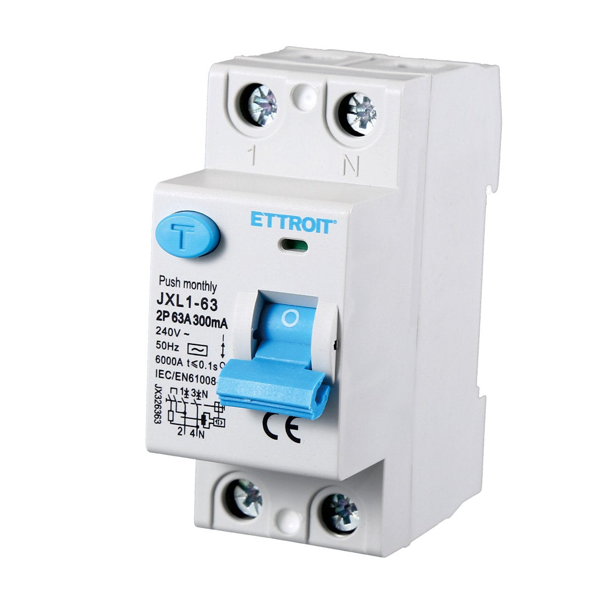 ETTROIT Interruttore Differenziale Puro 2P 63A 6kA 300mA 220V Salvavita Differenziale Occupa 2 Moduli DIN