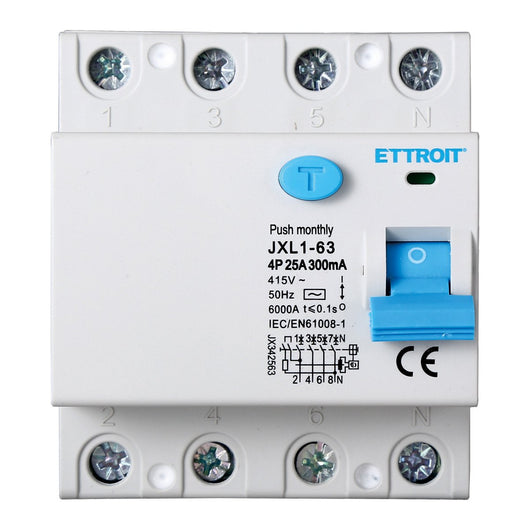 ETTROIT Interruttore Differenziale Puro 4P 25A 6kA 300mA 380V Salvavita Differenziale Occupa 4 Moduli DIN