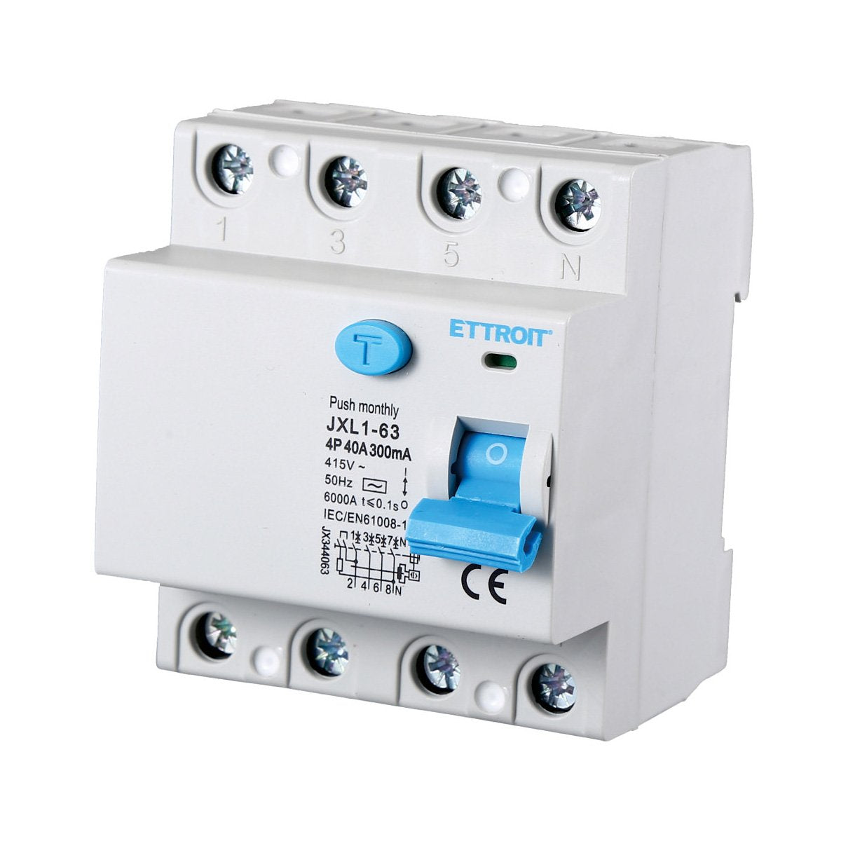 ETTROIT Interruttore Differenziale Puro 4P 40A 6kA 300mA 380V Salvavita Differenziale Occupa 4 Moduli DIN