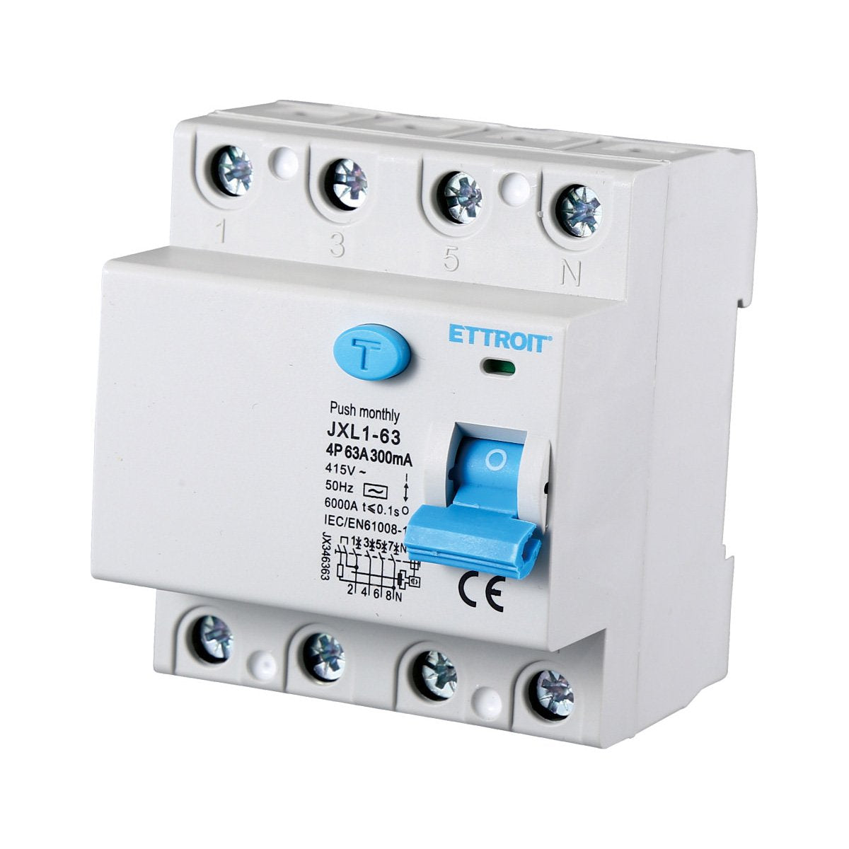 ETTROIT Interruttore Differenziale Puro 4P 63A 6kA 300mA 380V Salvavita Differenziale Occupa 4 Moduli DIN