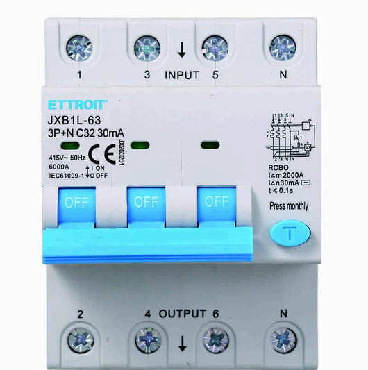 ETTROIT Interruttore Magnetotermico Differenziale 3P+N 32A 6KA 30mA 380V Occupa 4 Moduli DIN