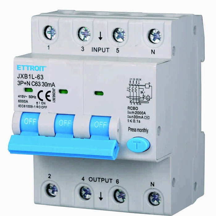 ETTROIT Interruttore Magnetotermico Differenziale 3P+N 63A 6KA 30mA 380V Occupa 4 Moduli DIN