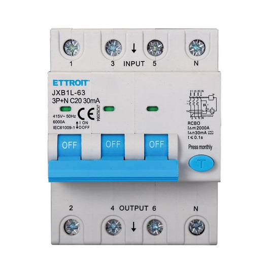 ETTROIT RCBO Interruttore Magnetotermico Differenziale Tipo A Curva C 3P+N 4M 6000A 30mA C20A AC 400V IP20 IEC61009-1