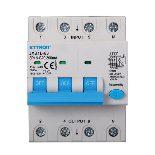 ETTROIT RCBO Interruttore Magnetotermico Differenziale Tipo A Curva C 3P+N 4M 6000A 300mA C20A AC 400V IP20 IEC61009-1