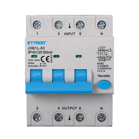 ETTROIT RCBO Interruttore Magnetotermico Differenziale Tipo A Curva C 3P+N 4M 6000A 300mA C25A AC 400V IP20 IEC61009-1