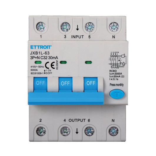 ETTROIT RCBO Interruttore Magnetotermico Differenziale Tipo A Curva C 3P+N 4M 6000A 30mA C32A AC 400V IP20 IEC61009-1